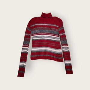 Vintage Y2k Rave red white and grey striped fitted stretchy turtleneck sweater